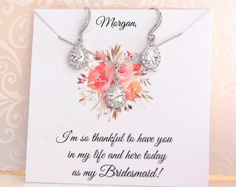Personalized Bridesmaid Gifts, Bridesmaid Jewelry Set, Cubic Zirconia Jewelry, Bridesmaid Earrings Necklace Set, Mother of Groom Bride