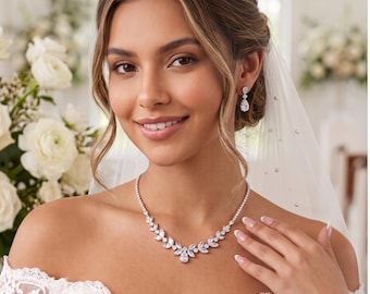 Bridal Jewelry Set, CZ Wedding Necklace Set with Earrings