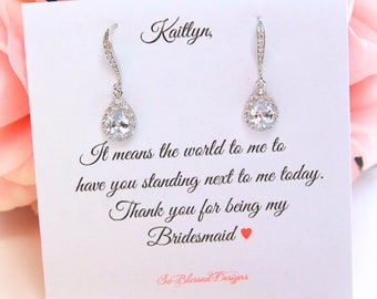 Bridesmaid Earrings, Bridal Party Gifts, Personalized Bridesmaid Gifts, Maid of Honor, CZ Dangle Earrings, Wedding Earrings