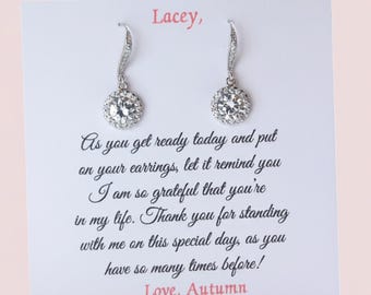Silver Bridesmaid Earrings, Personalized Bridesmaid Gifts, Bridesmaid Proposal, CZ Earrings, Bridal party gifts, Wedding earrings