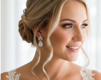 Sterling Silver Floral CZ Drop Wedding Earrings, Bridal Teardrop Jewelry