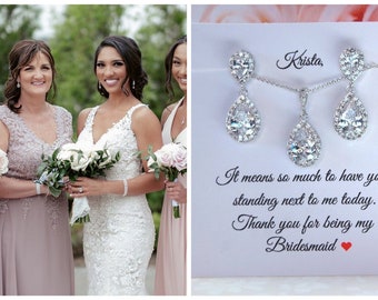Bridesmaid Jewelry Set, Simple Bridal Jewelry Set, Teardrop Earrings and Necklace Silver, CZ Bridesmaid Jewelry, Bridal Party Gift Sets