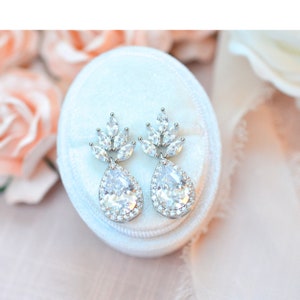 Bridal CZ Drop Earrings, Floral CZ Wedding Earrings, Bridal Drop Earrings, Floral Bridal Earrings, Wedding CZ Earrings, Bridal Earrings image 1