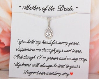 Mother of the Bride Gift from Daughter, Mother of the Groom gift from Son, Mothers Wedding Jewelry, Silver Teardrop Pendant