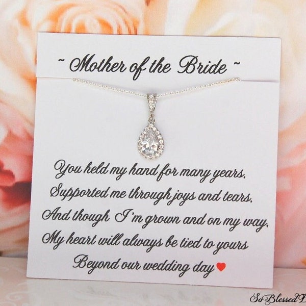 Mother of the Bride Gift from Daughter, Mother of the Groom gift from Son, Mothers Wedding Jewelry, Silver Teardrop Pendant