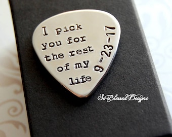 Grooms gift from Bride, Gift for Fiance, Hand stamped guitar pick, Bride to groom gift, Personalized Musician Gift, I pick you