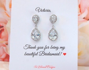 Custom Bridesmaid Gift, Teardrop Bridesmaid Earrings, Crystal wedding earrings, Personalized bridesmaid gifts, Cubic Zirconia earrings