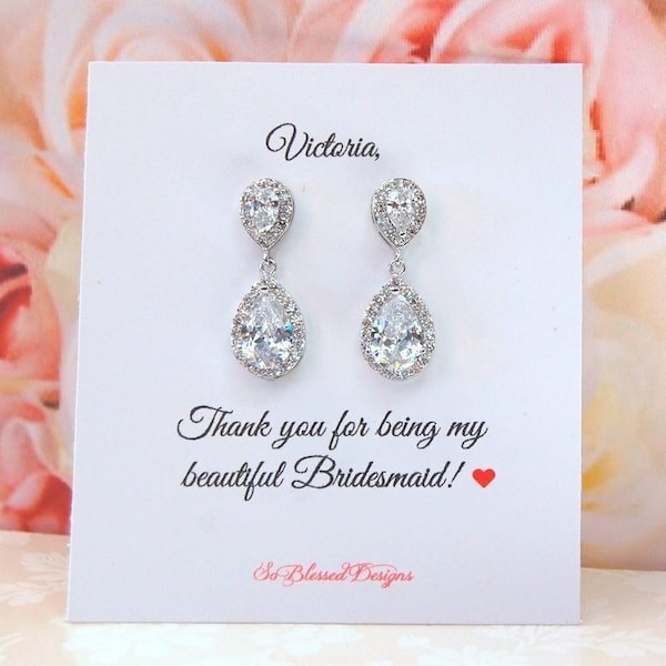 Custom Bridesmaid Gift, Teardrop Bridesmaid Earrings, Crystal wedding earrings, Personalized bridesmaid gifts, Cubic Zirconia earrings