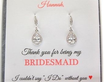 Silver Teardrop Earrings, Trendy Bridesmaid Gifts, Sparkling Dangle CZ Bridal Earrings, Sophisticated Bridal Party Jewelry