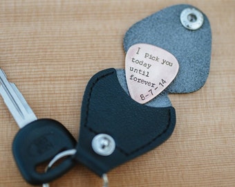 Personalized Grooms Gift from Bride, Custom Guitar Pick with holder, Wedding Date Keychain, Copper guitar pick, I pick you guitar pick
