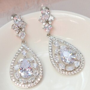 CZ Wedding Earrings, Bridal Earrings, Silver Earrings, Teardrop Earrings, Silver Bridal Earrings, CZ Earrings, Earrings for Bride