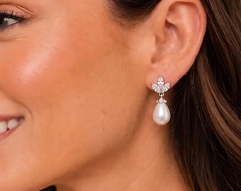 Pearl Bridal Earrings, Sterling Silver, Cubic Zirconia Leaf Dangle
