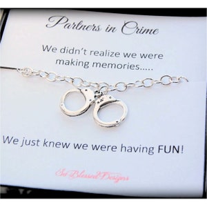 Partners in Crime JEWELRY, Friendship Necklace, Best friend gift, Bridesmaids, Maid of Honor, best friends bracelet, Silver handcuffs