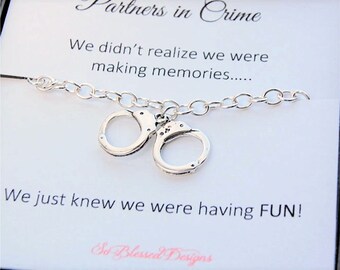 Partners in Crime JEWELRY, Friendship Necklace, Best friend gift, Bridesmaids, Maid of Honor, best friends bracelet, Silver handcuffs