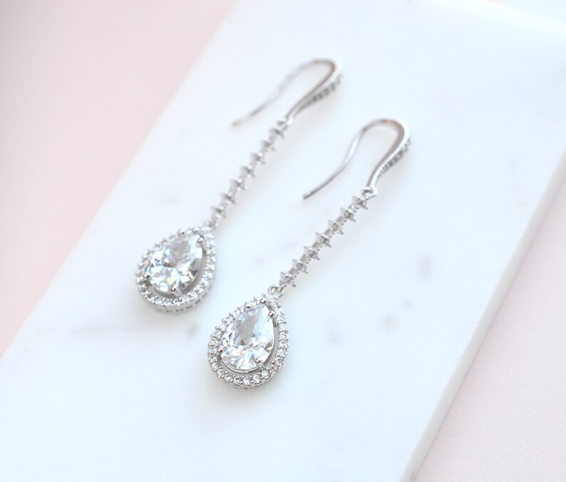 Boucles d'oreilles longues de mariée, Boucles d'oreilles de mariage en argent, Boucles d'oreilles longues pour mariée, Bijoux de mariage, Boucles d'oreilles de demoiselle d'honneur image 5