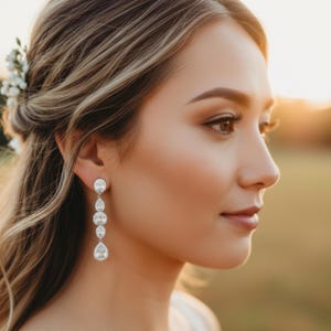 Long Teardrop CZ Bridal Earrings, Sterling Silver Finish