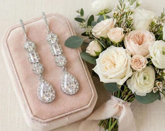 Long Bridal Earrings, Crystal Wedding earrings, Sterling Silver Wedding Earrings, Wedding Jewelry, Bridal Accessories