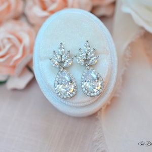 Bridal CZ Drop Earrings, Floral CZ Wedding Earrings, Bridal Drop Earrings, Floral Bridal Earrings, Wedding CZ Earrings, Bridal Earrings image 10