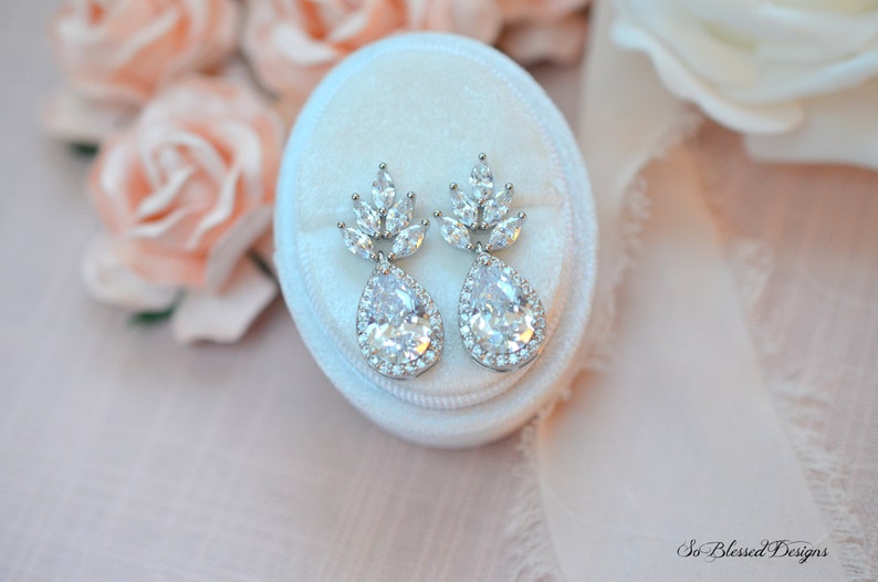 Bridal CZ Drop Earrings, Floral CZ Wedding Earrings, Bridal Drop Earrings, Floral Bridal Earrings, Wedding CZ Earrings, Bridal Earrings image 10