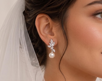 CZ Pearl Wedding Earrings, Pearl Bridal Earrings, Pearl Drop Earrings, Pearl Dangle Earrings, Bridal Earrings