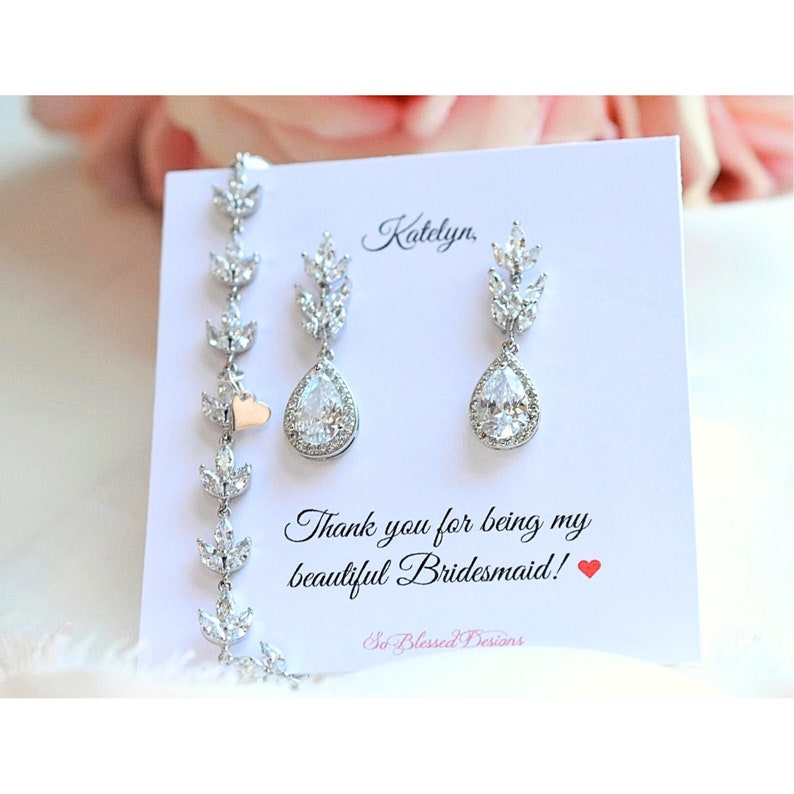 Bridesmaid Jewelry, Personalized Bridesmaid Gifts, Bridesmaid Earrings, Bridal Party, Bridesmaid Earring Bracelet Set, Bridesmaid Jewelry image 2