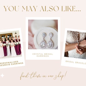 May include: Three images of bridal jewelry. The first image shows a group of bridesmaids wearing burgundy dresses and holding bouquets. The second image shows a pair of crystal teardrop earrings in a white box. The third image shows a bride wearing a white lace dress and a silver bracelet. The text "Personalized Bridesmaid Earrings", "Crystal Bridal Earrings", and "Bridal Bracelet" are below each image. The text "find them in our shop!" is at the bottom of the image.