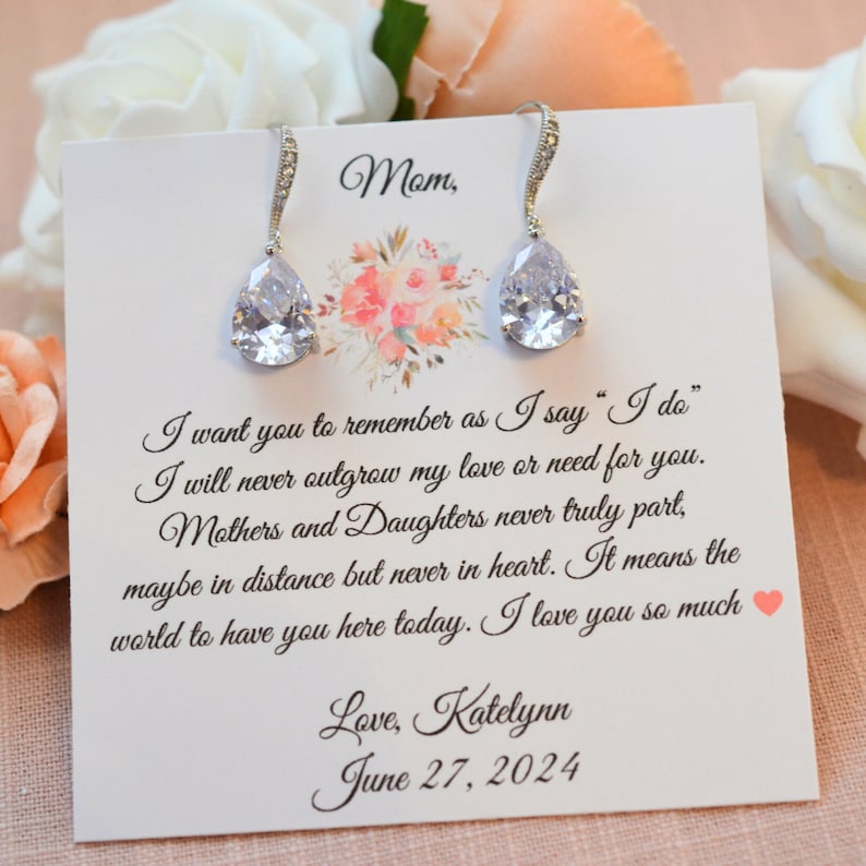 Wedding Day Gift for Mother of the Bride, CZ Dangle Earrings, Sentimental Bride to Mom Jewelry, Personalized Gift from Daughter image 2