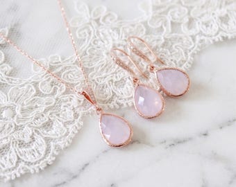 Blush Pink Earrings and Necklace Set, Rose Gold Bridesmaid Jewelry Gift, Pink Opal Wedding