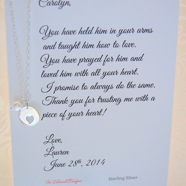 Mother of the Groom, Mother of Bride gift, Mother in Law POEM, Heart cutout necklace, Sterling Silver charm, Wedding jewelry, mother in law