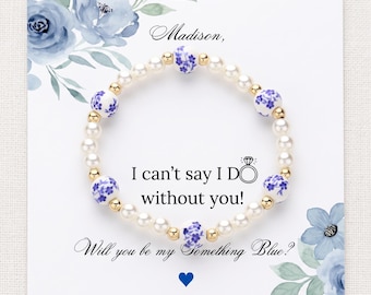 Something Blue Bridesmaid Bracelet, Chinoiserie and pearl beads, Personalized Bridal Shower Gifts
