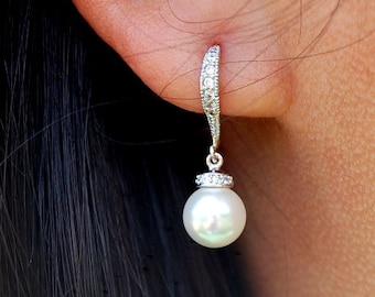 Pearl Bridal Earrings, Bridal Earrings, Pearl drop earrings, cubic zirconia and pearl earrings, Bridesmaid Earrings