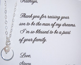 Thank you for Raising the Man of my Dreams card with necklace, Mother in law Gift, Mother of Groom gift, Silver and Pearl necklace
