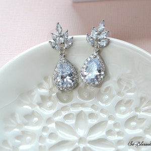 Bridal CZ Drop Earrings, Floral CZ Wedding Earrings, Bridal Drop Earrings, Floral Bridal Earrings, Wedding CZ Earrings, Bridal Earrings image 3