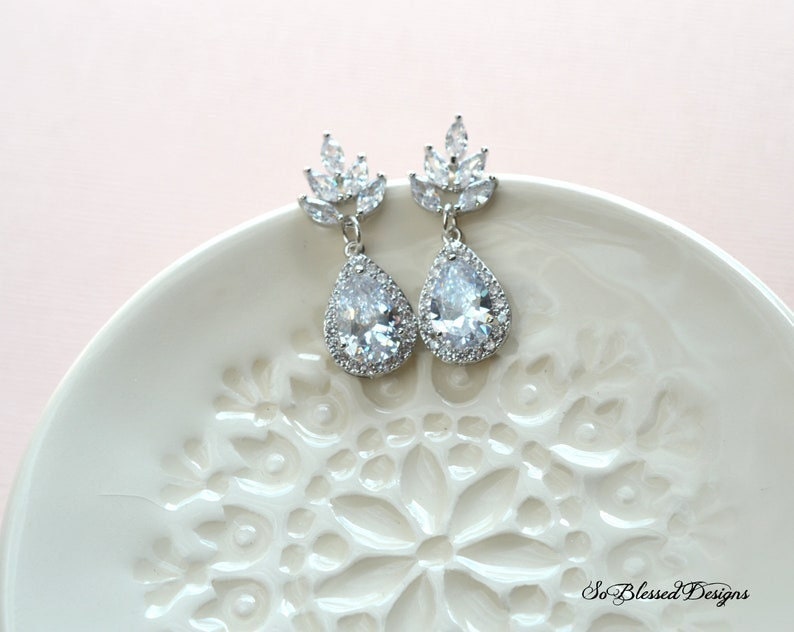 Bridal CZ Drop Earrings, Floral CZ Wedding Earrings, Bridal Drop Earrings, Floral Bridal Earrings, Wedding CZ Earrings, Bridal Earrings image 7