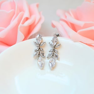 Bride Dangle Earrings, Sterling Silver Bridal Earrings, Teardrop CZ Floral Drop, Crystal Wedding Jewelry for Brides or Bridesmaids