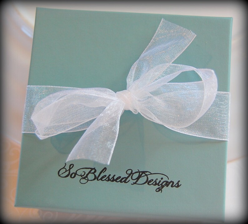Pu&ograve; includere: Una scatola regalo blu chiaro con un nastro bianco trasparente legato in un fiocco. La scatola ha il testo "So Blessed Designs" stampato sul davanti.