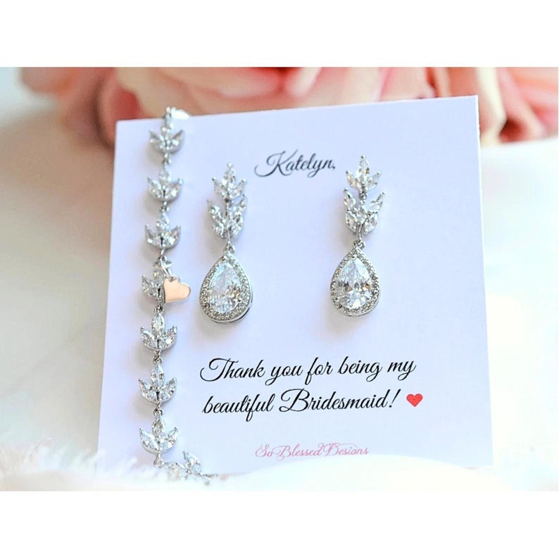 Bridesmaid Jewelry, Personalized Bridesmaid Gifts, Bridesmaid Earrings, Bridal Party, Bridesmaid Earring Bracelet Set, Bridesmaid Jewelry image 1