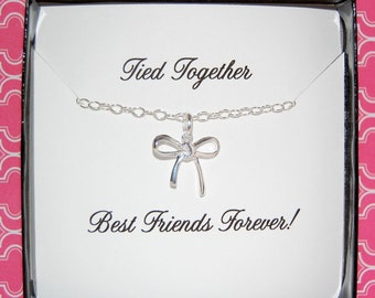 BEST FRIENDS Necklace, Sterling Silver bow, Best Friends, Friendship necklace with card, Bridesmaid gifts, Christmas gifts for friends