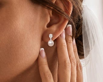 Natural Freshwater Pearl Earrings, Wedding Earrings, Diamond Stud Earrings, Engagement Earrings, Bridesmaid Maid of Honor Gift