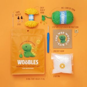 Beginner Crochet Dinosaur T-Rex by The Woobles Easy First Crochet Starter Kit Crochet Plushie Kit Amigurumi Kit DIY Craft Kit Gift image 2