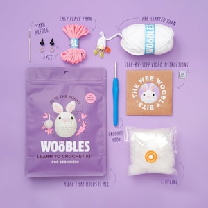 Beginner Learn to Crochet Kit Bunny Rabbit The Woobles Easy Crochet Starter Kit Crochet Plushie Kit Amigurumi Kit DIY Craft Kit Gift image 2