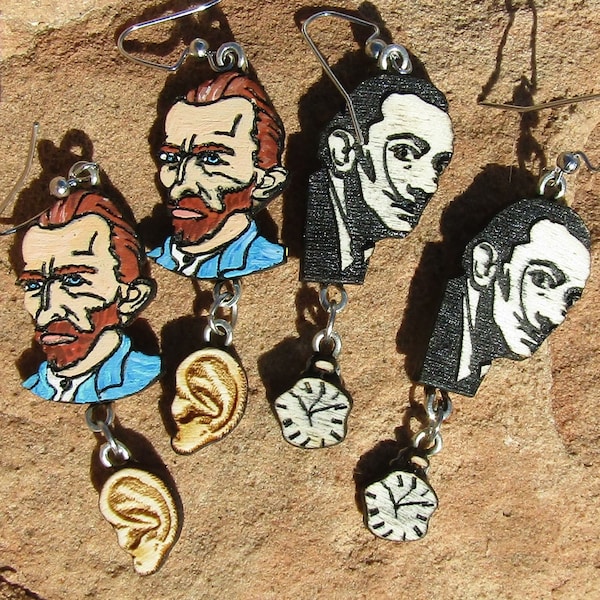 Laser cut and Hand Painted Artist Earring Dangles Choose Salvador Dali w/ melting clock OR Vincent Gan gogh with ear cute and funny jewelry