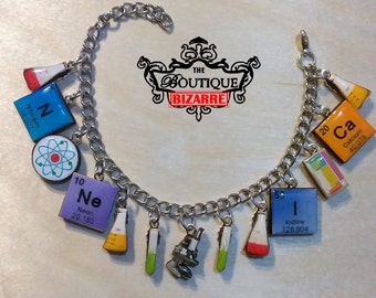 Chemistry Bracelet, great for Chemistry Teachers, Periodic Table of Elements, Erlenmeiyer Flask, Test Tubes, Microscope, Elements, atoms...