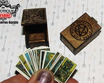 Miniature tarot Cards with HANDMADE BOX for Dollhouse Miniatures, Den, Mini Witch Scene, Halloween, Fortune Teller, Oracle Major Arcana Deck