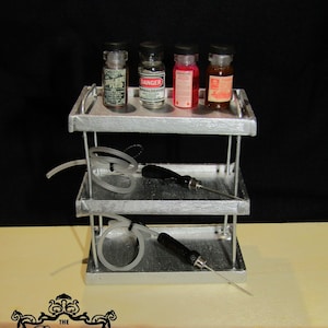 1:12 Scale Mortuary Funeral Home Miniatures Embalming Work station metal silver medical table embalming chemical vials trocar funeral home