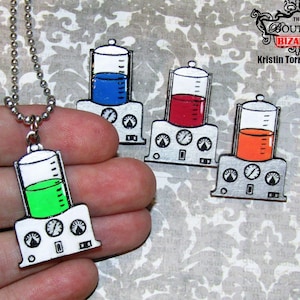 HAND PAINTED Porti-Boy vintage embalming machine necklace pendant charm, laser cut wood Handmade Jewelry Embalmer Mortician Death Industry