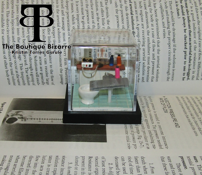 May include: A miniature bathroom scene in a clear acrylic box. The bathroom features a white toilet, a small sink, a towel rack, and a small shelf with various miniature toiletries. The box is sitting on a book with the title "The Boutique Bizarre" visible.