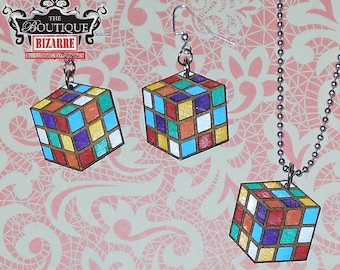 Collar o pendientes vintage de cubo de Rubik de los 80, joyería retro de rompecabezas