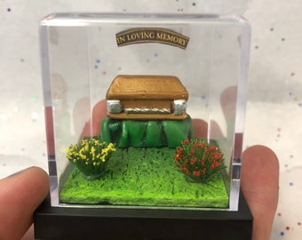 Handmade Funeral Diorama, Graveside Miniature Display (2" x 2" x 2")