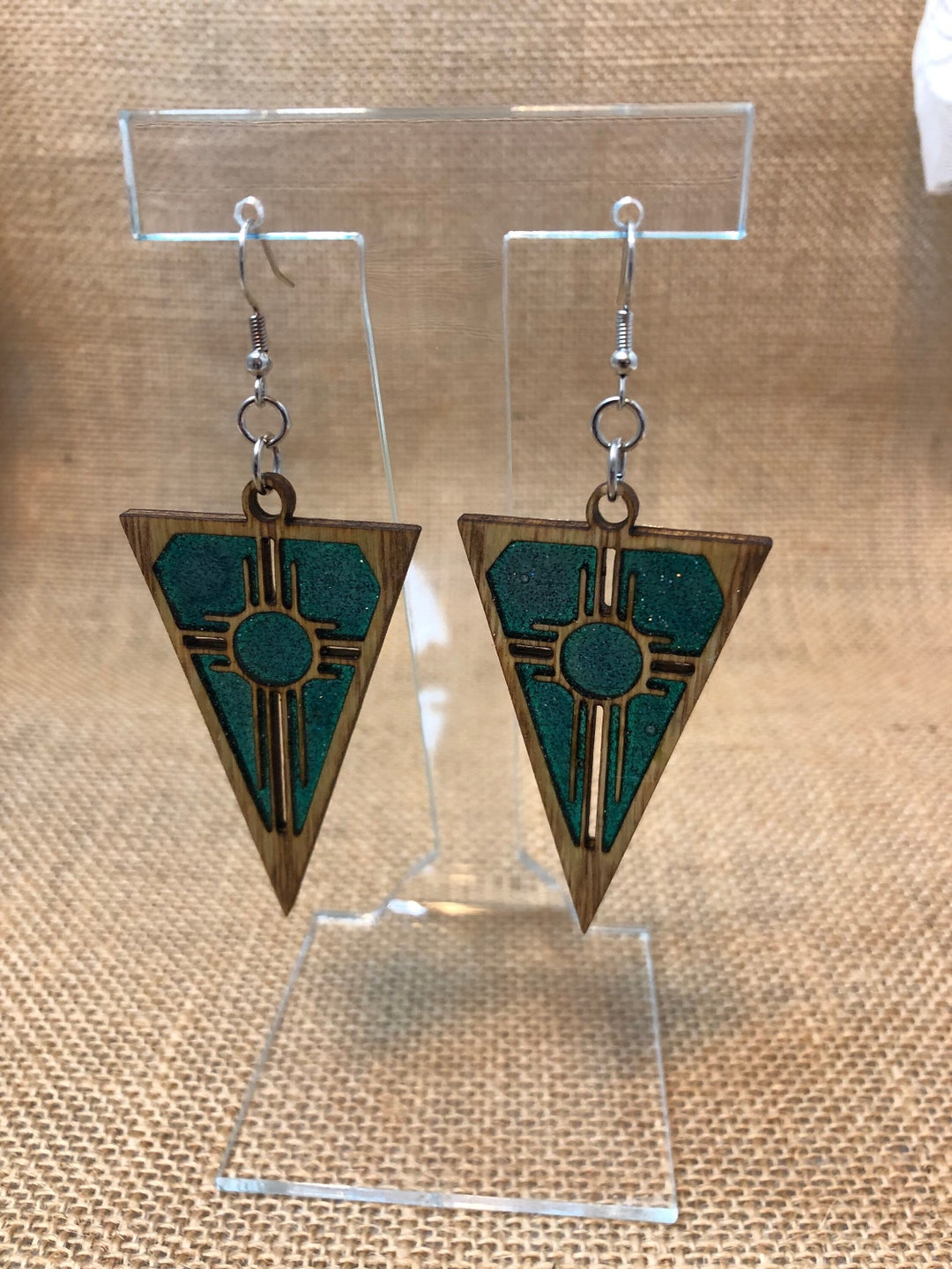 Stained Glass Resin Filled Zia Wood Cut Earrings New Mexico Southwest
